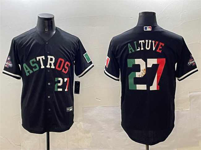 Mens Houston Astros #27 Jose Altuve Black Mexico With World Serise Champions Patch Cool Base Stitched Jersey Dzhi